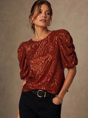 **NWT** Anthropologie Marie Copper Sequin Puff-Sleeve Blouse